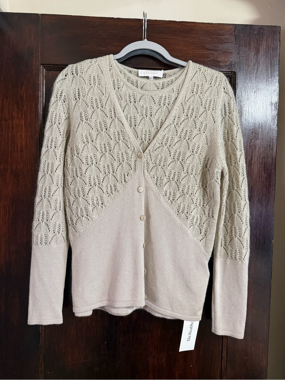 Escada Beige Openwork V-Neck Cardigan Sweater